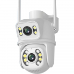ICSEE 8MP 4K dvigubo objektyvo WIFI PTZ IP apsaugos kamera realiuoju laiku dvigubo ekrano Ai automatinis kūno aptikimas lauke, vandeniui atsparus CCTV vaizdo stebėjimas WIFI camera+64G Card balta