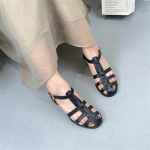 Johnature Retro universalūs tu&scaron;čiaviduriai austi stori auk&scaron;takulniai romėni&scaron;ki sandalai, natūralios odos vidutinio pakulno patogūs moteri&scaron;ki batai 35 juoda