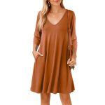 Women 3/4 Sleeve Plus Size Casual Fall Dresses V Neck T shirt Long Tunic Dress
