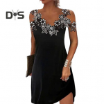 Moterų, vasarinių nėrinių susiuvimo, mini suknelė V kaklo &scaron;altu pečiu be rankovių, trumpa suknelė, trumpa suknelė gatvės apranga L