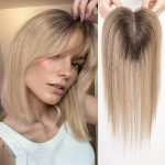 HAIRCUBE Blonde Ombre kirpčiukai žmonių plaukams su kirpčiukais 3Clip plauku pie&scaron;iniai Fringe moterims plaukų slinkimui 14 colių &scaron;veicari&scaron;ki nėriniai nematomi plaukų dažai