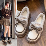 &Scaron;ilti ir aksominiai maži odiniai batai moterims žieminiai nauji bow one pedal loafers platforminiai medvilniniai batai 35
