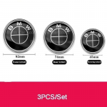 BMW F30 F32 F34 F20 F10 F15 F16 E39 E46 E60 E90 3 vnt. Juodas 82 mm priekinis/74 mm galinis 45 mm vairo dangtelis, bagažinės emblema, logotipas