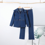 Kasdieniai džinsiniai komplektai moterims, liekninantys &scaron;varkai atlapais ir pūstomis rankovėmis, tiesūs auk&scaron;to liemens kelnės, 2025 m. pavasario mados gatvės 2 dalių moteri&scaron;kas komplektas L mėlyna