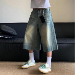 Moteri&scaron;ki skalbti mėlyni džinsai &scaron;ortai Vintažiniai Y2k Long Jorts Baggy Harajuku auk&scaron;tu juosmeniu korėjieti&scaron;ki gatvės drabužiai plačiomis kojomis džinsiniai &scaron;ortai S mėlyna