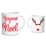 Les Tr&eacute;sors De Lily [Q3632] - Mug c&eacute;ramique 'Joyeux No&euml;l' rouge blanc (rennes- nez de clown) - 9. 5x8 cm raudona