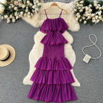 Moteri&scaron;ka vasarinė suknelė, miela &scaron;ifono kelnaitės temperamento prancūzi&scaron;ka &scaron;velnumas, eleganti&scaron;kas jausmas, raukinamas pyragas, fėjos suknelė D3227 One Size violetinė