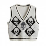 Gotikinis megztinis megztinis liemenė Skull Argyle spausdinto ra&scaron;to trikotažas V formos i&scaron;kirptės megztinis Madingas megztinis Topas moteri&scaron;kas Helovino gatvės drabužis XL balta
