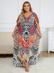 EDOLYNSA Bohemian women's dress Kaftan colorful zebra striped beach wear plus size house dress versatile lounge wear outfit house robe
