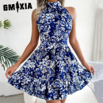 GMXIA moteri&scaron;kos mados vasaros pavasario puskakliu gėlėmis margintos kokteilinės ir vakarinės suknelės be rankovių S rožinė