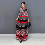 XITAO Vintage Print Female Loose Stand Collar Short Sleeves Dress ZY8693