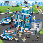 1000vnt 6in1 Miesto policijos vadovybės sunkvežimiai Statybiniai blokai Policininkas Robotas Automobilis Sraigtasparnis Modelis Plytos Žaislai vaikams Blue police station-1256P