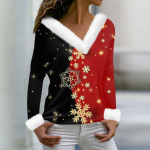Moterų mados ilgomis rankovėmis kalėdinis spausdintas vakarėlis su pliu&scaron;iniu kaklu V formos i&scaron;kirpte XXL cinoberis