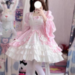 Vintažinė Lolitos suknelė moterims gotikinė Y2k pūstomis trumpomis rankovėmis laminuoti volanai mini suknelės kaspinas raukiniai princesės Vestidos S