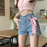 Vasaros saldūs džinsiniai &scaron;ortai Moteri&scaron;ki korėjieti&scaron;ki, gražūs, eleganti&scaron;ki auk&scaron;tu juosmeniu trumpi kelnės Kawaii Girls Harajuku Sexy Y2k punk džinsai L rožinė