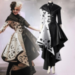2025 Kruela De Vil Cosplay kostiumas suaugusioms moterims Kruela Juodai baltas su ta&scaron;keliais suknelė &scaron;varkas Kruela Cosplay kostiumas paltas suknelė apranga 185cm juoda
