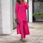 2024 m. moteri&scaron;kas medvilninio lino kasdienis didelio dydžio dviejų dalių komplektas: Netaisyklingo kirpimo palaidinė ilgomis rankovėmis ir plačios kle&scaron;nės kelnės XXL rožinė raudona spalva