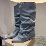 Kauboji&scaron;ki moteri&scaron;ki auk&scaron;ti batai vidutiniu kulnu, siekiantys kelį Chelsea batai smailianosiai masyvūs madingi batai žiemos 2024 metų tendencija suknelė moterims sportbačiai 42 mėlyna