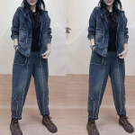 Pavasario ir rudens madinga laisvalaikio džinsinė striukė, pavasario ir rudens dviejų dalių vakarieti&scaron;ko stiliaus plonos haremo kelnės, laisvas kostiumas XXXL mėlyna