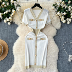 Vintažinės pra&scaron;matnios trumpomis rankovėmis V kaklo mygtukų megztos mielos suknelės Vestidos korėjieti&scaron;kos mados vakarėlio pagrindinės plonos vasarinės eleganti&scaron;kos moteri&scaron;kos suknelės One Size balta