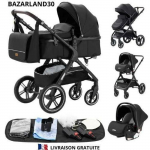 BAZARLAND30.Poussette 3 en 1 B&eacute;b&eacute; Combin&eacute;e Si&egrave;ge-Auto Nacelle Trio R&eacute;versible R&eacute;glable Haute Qualit&eacute; Roues increvables Canne.Noir juoda