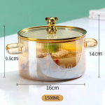 Stiklinis puodas sriubai, atsparus auk&scaron;tai temperatūrai, su dangčiu, dvigubomis rankenomis, skaidrus borosilikatinis, indukcinis, virtuvinis, skirtas maisto gaminimui 1500ML auksas