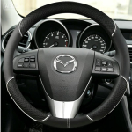 Juodo PU dirbtinės odos rankomis siūta automobilio vairo apdangalas senesniems Mazda 3, Mazda 5, Mazda 6 (2003-2015) White round gray