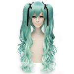 Moteri&scaron;ki Anime Vocaloid Miku Natural Long Body Wave Green Dvigubai Ponytails Sintetiniai Cosplay Perukai moterims Helovino kostiumų vakarėliui One Size &scaron;viesiai žalios spalvos