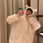 Harajuku Kawaii Užtrauktuku Hoodie Moteri&scaron;kas megztinis Japoni&scaron;kas Varlė Storas Per didelis ėriukų vilnos paltai Madingi &Scaron;ilti žieminiai drabužiai M