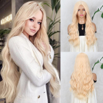Miss Wig Ilgi blondiniai perukai moterims Natūralūs sintetiniai plaukai Ombre Blond perukas su tamsiomis &scaron;aknimis Sintetinis perukas Laisvi banguoti perukai Atsparus kar&scaron;čiui 65cm