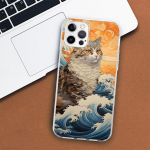Anime Cat Sea Wave estetinis telefono dėklas, skirtas Apple iPhone 11 12 13 15 14 Pro 7 XR X XS Max 8 Plus + Mini SE pritaikytas spausdinimas mink&scaron;tas iPhone 12 Mini