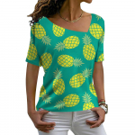 V-Neck Diagonal Collar Women's Short Sleeves Fashion Casual Loose Pullovers Tees Summer 3d Floral Printed T Shirt For Ladies S