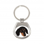 Dachshund Smooth-haired, Wiener dog, Badger dog - geometric keychain with a photo and the inscription Art-Dog balta