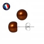 Boucles d'Oreilles - PERLINEA - V&eacute;ritables Perles de Culture - 8-9 mm Chocolat - Or Blanc - AAA+