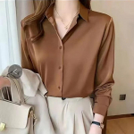 Korėjieti&scaron;ko stiliaus kasdienės pavasario rudens satininės palaidinės moterims, polo apykaklė, vienspalvės, su sagomis, laisvos, rauktos, ilgomis rankovėmis, kasdieniai, prie visko derantys mar&scaron;kiniai XXXXXL balta