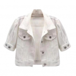 Moteri&scaron;ka trumpa džinsinė striukė trumpomis rankovėmis, džinsinė striukė su atlapais, užsegama sagomis, trucker tipo paltas, vasarinis kasdienis baltas plonas vir&scaron;us S balta