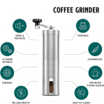 Ne&scaron;iojamas rankinis nerūdijančio plieno kavos malūnėlis stovyklavimui su reguliuojamu malimo rupumu