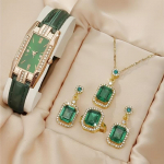 5 dalių vintažinis laikrodžių rinkinys su kalnų kri&scaron;tolu, mink&scaron;tos PU odos dirželis, cinko lydinio rodyklės, pilnas derantis papuo&scaron;alų rinkinys su i&scaron;skirtiniais auskarais ir vėriniu žalia