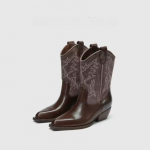 2025 m. pavasario ir rudens mada Smailianos moteri&scaron;kos puskojinės batai vientisos spalvos su vidutinio auk&scaron;čio kulnu, rankovėmis, siuvinėti vakarieti&scaron;ki kauboji&scaron;ki batai 42 ruda