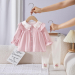 Rudens mielas triu&scaron;io dviejų dalių ilgomis rankovėmis mar&scaron;kinių komplektas su žiedlapių apykakle kūdikiams ir mergaitėms 110 cm rožinė