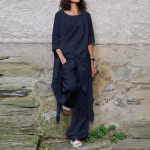 Moteri&scaron;kas medvilninis lino rinkinys Vintage Fashion netaisyklingas vir&scaron;us su auk&scaron;tu juosmeniu plačiomis kelnėmis 2 dalių rinkinys Atsitiktinis eleganti&scaron;kas moteri&scaron;kas vienspalvis rinkinys S