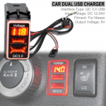 QC 3.0 greito įkrovimo automobilio dvigubo USB telefono greitojo įkroviklio adapterio 12 V laidas, skirtas Nissan maitinimo adapteriui, LED skaitmeninio ekrano priedai juoda