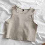 Vasaros naujas moteri&scaron;kas retro crop top auk&scaron;tu juosmeniu liekninantis tamprus plonas trumpas rankovės apatinis vir&scaron;us S smėlis