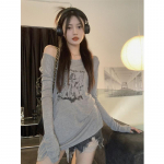 Moteri&scaron;ki mar&scaron;kinėliai Grunge Y2k Fairycore Oversized Vintage Korėjos estetiniai mar&scaron;kinėliai ilgomis rankovėmis Gatvės apranga S pilka spalva