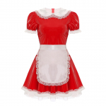 Moteri&scaron;ka &bdquo;Wet Look&ldquo; odinė prancūzi&scaron;kos tarnaitės &bdquo;Cosplay&ldquo; kostiumo mini suknelė su pūstomis rankovėmis 5XL raudona