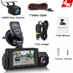 &bdquo;Dash Cam 4K&ldquo; kamera, skirta automobilio prietaisų skydelio kamerai GPS &bdquo;Wifi&ldquo; 24 val. parkavimosi monitorius, naktinis matymas DVR priekyje ir gale 3 DVR kamera vaizdo registratorius 3 DVR+WiFi+GPS