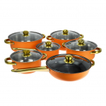 Nerūdijančio plieno neprideganti puodo danga, paauksuota rankena, dvigubas dugnas, sriubos puodo, pieno puodo, keptuvės rinkinys, 12 dalių oranžinė