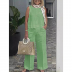 Moteri&scaron;kos vasarinės mados paprastos berankovės palaidinės, laisvos, plačios kelnės, medvilniniai lininiai komplektai, kostiumai ir komplektai moterims L žalia