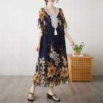 Pusiau rankovių Didesnio dydžio medvilninė vintažinė gėlėta nauja suknelė moterims laisvalaikio laisva ilga vasarinė suknelė L