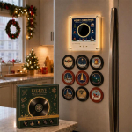 Kalėdinės muzikos &scaron;aldytuvo magnetukas su NFC grotuvu Retro vinilo plok&scaron;telių grotuvo rinkinys su 9 keičiamais diskais LED &scaron;viečianti dekoracija namams